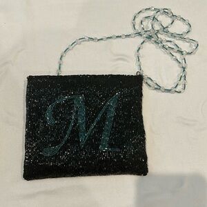 NEW Liz Claiborne Beaded Monogram Initial M Small Purse Black Green